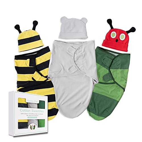 Image of Cuddle Club Baby Swaddle | 100% Cotton Adjustable Hook-and-Loop Fastener Newborn Blanket Wrap - with Novelty Hat Beanie