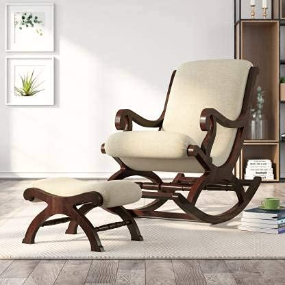 Antique Wood Hub - Solid Sheesham Wood Rocking Chair/Traditional Rocking Modern Appearance Chair for Living Room & Garden, High Back Wooden Relaxing Chair Pre-Assembled (Cream with Footrest)