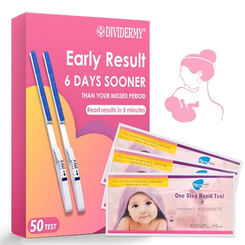 50 Piezas Pruebas de Embarazo, Test de Embarazo Alta Sensibilidad 10 miu/ml, Tira Reactiva Temprana, Test de Fertilidad para Mujeres, Resultado Preciso Y Rápido, Envueltas Individualmente Selladas