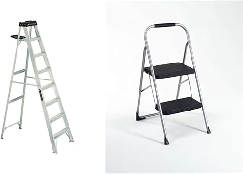 Louisville Ladder AS3008 Escalera de aluminio de 8 pies, clasificación de servicio de 300 libras, plata y COSCO 11308PBL1E Taburete plegable de dos