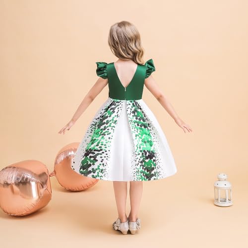 Quenny Christmas girl's dress St. Patrick's Day printed forged cloth dress flounced sleeve party princess dress(Green,130cm(8-9Y))4