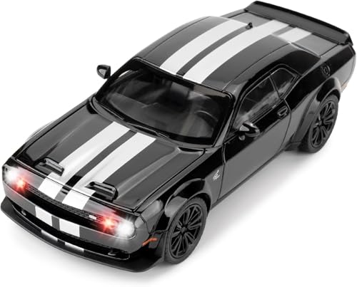 Image of 1:22 Dodge Challenger SRT Hellcat Die Cast Toy Car with Sound Light Pull Back Action Model Vehicle for Kids & Collectors Realistic Design Great Gift for Car Enthusiasts (Black)