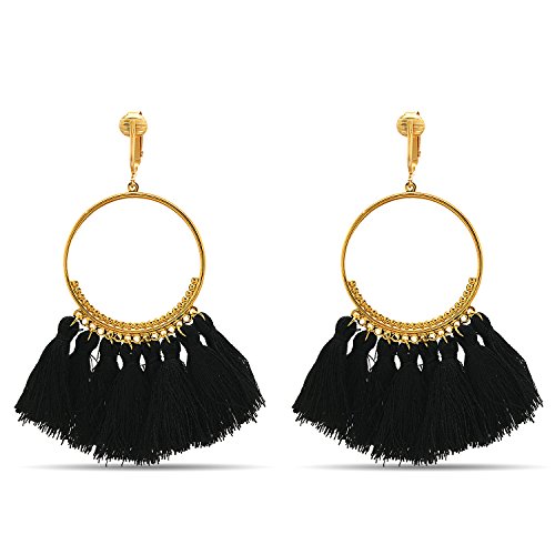Aloha Earrings-Clip On Tassel Earrings-Dangle Clip On Earrings Silk Tassel Long Clip On Earrings Bohemian (Black Hoop Tassels)