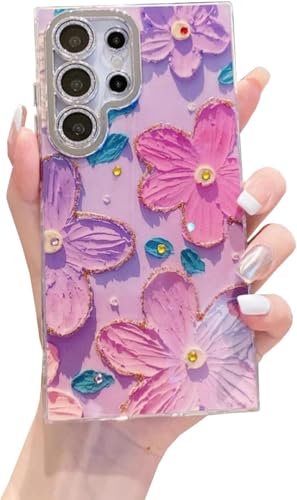 Elzzi Compatible with Samsung S24 Ultra Case Laser Flower Oil Painting Cute Colorful Blue Ray Bumper with Full Camera Protection Shockproof PC+TPU Glossy Shiny Cover for Girls Women, Pink & Purple- Best and cheap mobile covers in India