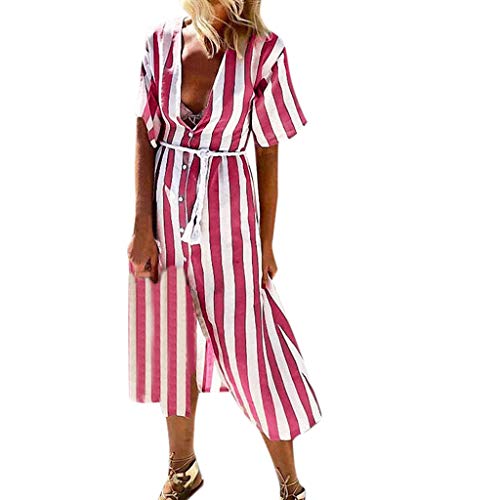 Sunnywill Women Skirt, Sale! Women Summer Deep V-Neck Striped Short Sleeve Long Maxi Party Beach Dress Womens Casual Practical Sweater Dress Skirt Red