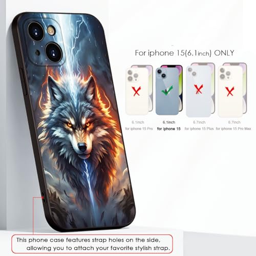 Printed with Wolf for iPhone 15 case, A Fusion of The Elements of Lightning and Flame Wolf Silicone Soft Shockproof Case - Lone King (A1-Wolfs-Anima)