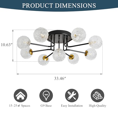 Image of Sputnik Semi Flush Mount Ceiling Light Black Glass Globe Ceiling Lighting Modern Close to Ceiling Light for Living Room Dining Room Bedroom Kitchen