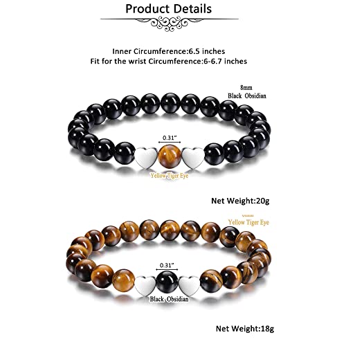 Jovivi 2Pcs 8Mm Lava Rock Stone & Tiger Eye Crystal Bracelets For Couples Handmade Natural Round Gemstone Beaded Healing Crystal Stretch Bracelet With Heart Charm For Women Men #TOP6