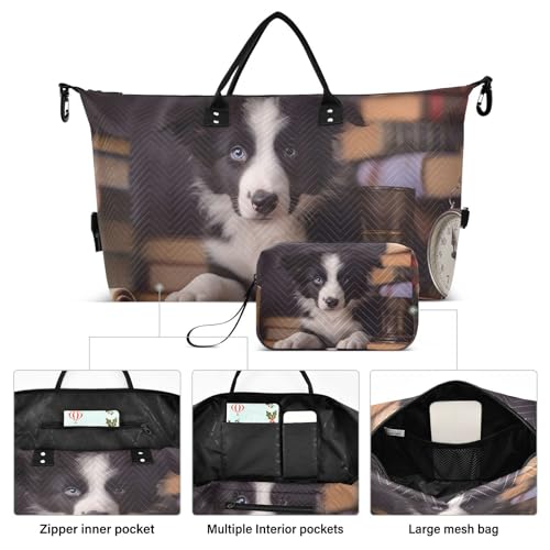 Large Travel Duffel Bag, Border Collie Books Clock Sport Tote Gym Bag, Shoulder Weekender Overnight Bag for Women Men, Carry On Luggage with Toiletry Bag2