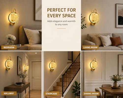 Image of Modern Gold LED Wall Light with Decorative Leaf Design, 3in1 Colour Change Wall Sconce, Metal & Glass Wall Lamp Ideal for Bedroom, Living Room, Hallway, Dining Room, Home Decor