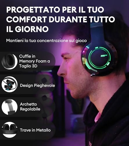 HECATE G5BT Cuffie Gaming Over Ear con Mic, Cancellazione del Rumore, RGB Luce, H+ Effetti Sonori, Hi-Res Audio, Bluetooth e Cavo Audio 3,5mm per PC PS4 PS5 Cellulari Switch (Nero) - Mouse gaming - Immagine 6
