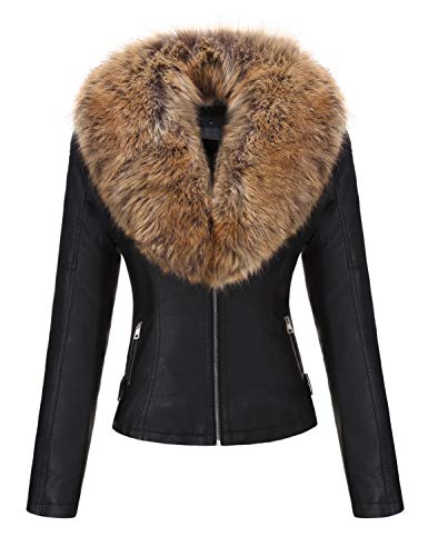 Geschallino Kunstleren damesjack voor motorrijders, korte Sherpa, gevoerde winterjas met afneembare bontkraag, S