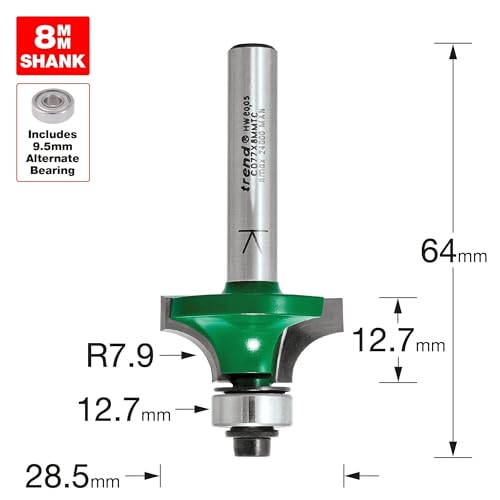 TREND CraftPro Kugelgelagerter Abrundfräser, 8 mm Schaft, 7.9 mm Radius, 12.7 mm Schnittlänge, Hartmetallbestückt, C077X8MMTC