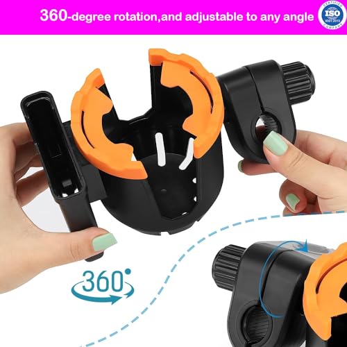 Image of Safe-O-Kid Stroller Cup Holder with Phone Organizer /Holder, Universal Cup Holder for Bottle with Handle, 360 Degrees Rotation Bottle Holder for Stroller, Pushchair, Wheelchair, Walker -Orange