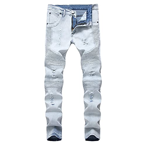 Longbida Mens Ripped Biker Jeans Skinny Distressed Moto Casual Denim Pants(Blue,32) #TOP2