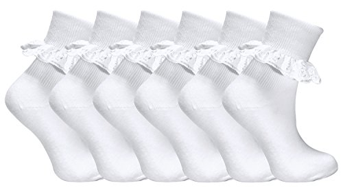 6 pairs of Girls Cotton Pretty white lace trim ankle socks