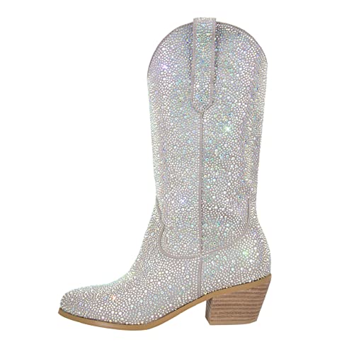 Richealnana Rhinestones Boots Calf Mid High Boots For Women 2Inch Heels Shining Bling Comfortable Pull On Tabs Boots Silver Size9 #TOP5