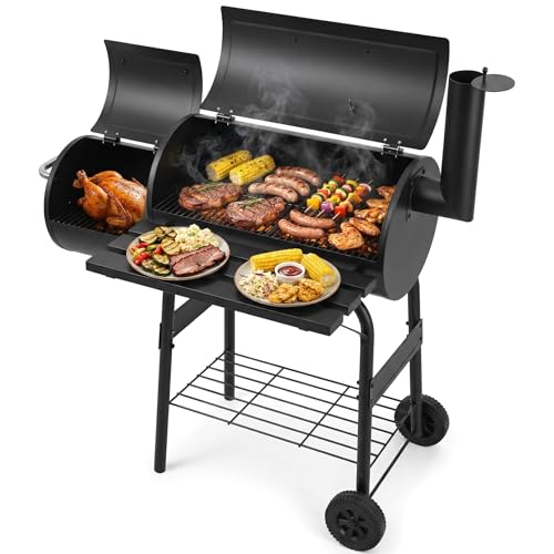 Charcoal BBQ Drum Barrel Grill 2 in 1 Barbeque and Smoker Large Portable Drum Barrel with Fold Down Shelves Temperature Gauge Wheels Cooking Grill Air Vents For Garden Outdoor Cooking