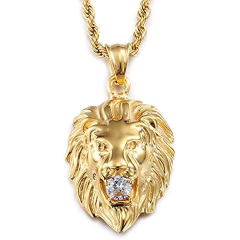 Granny Chic Stainless Steel Vintage Men's Lion Pendant Necklace White Stone Rope Chain(Gold) Cover