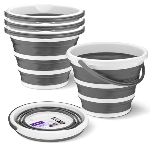 Image of Superio Collapsible Bucket 2 Gallon Bucket with Handle Grey Car Wash Bucket Small Foldable Silicone Pail for Camping, Fishing, Cleaning, Mopping, 10 Liter, 4
