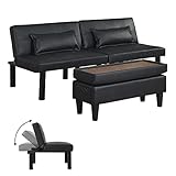 Futon Sofa Bed Tufted Loveseat Futon Couch with Ottoman/Coffee Table, Convertible Folding Recliner Sleeper, Faux Leather Upholstered Small Couches for Small Space, Armless/Metal Legs/Free Pillows
