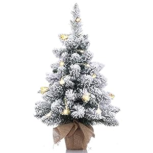 Pre Lit Artificial Mini Christmas Tree20 Inch Snow Flocked Artificial Pine Xmas Tree with 40 LED Lights70 Branch TipsDesktop Christmas Tree Burlap Base 50cm