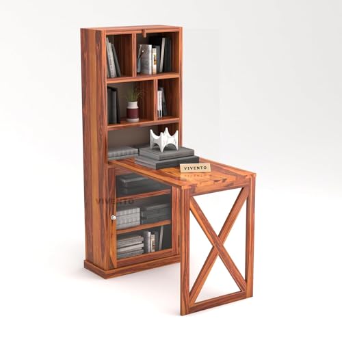 Image of SUNCOM Solid Sheesham Wood Study Table for Adults |Wooden Study Table with Bookself | Wooden Writing Desk Work from Home | Rosewood | Already Assembly, Honey Finish