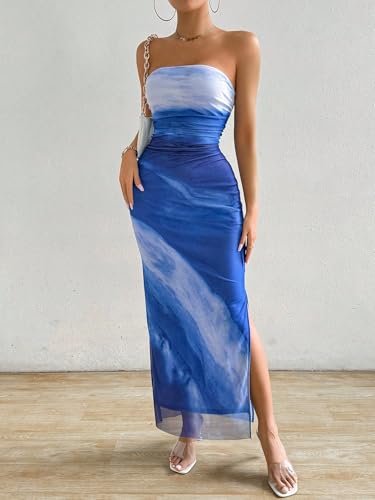 Image of LIGHT DOT Women's Summer Maxi Dress Tie Dye Strapless Tube Bodycon Side Slit Mesh Layered