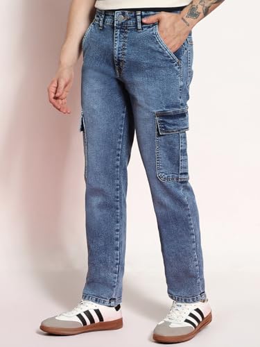 Image of Urbano Fashion Men's Regular Fit Washed Cargo Jeans with 6 Pockets Stretchable