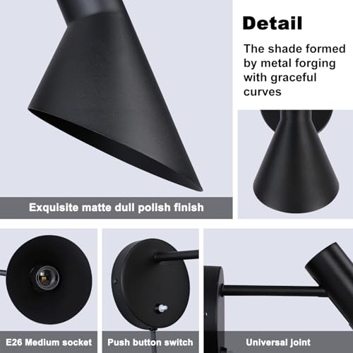 Image of COSYLUX Vintage Plug in Wall Sconces, Industrial Rotatable Swing Arm Wall Lamp with Switch, Wall Mounted Light Fixtures Reading Lamp for Bedside Bedroom Indoor, Matte Black