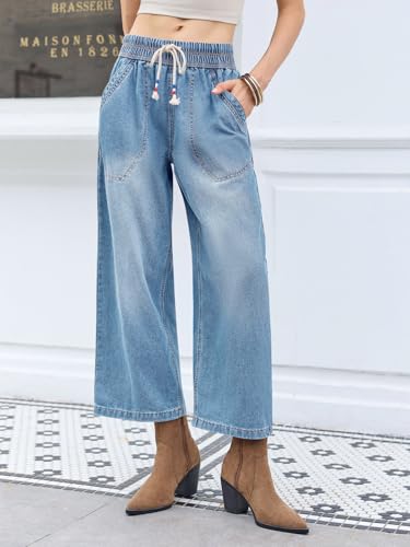 Cicy Bell Women's Wide Leg Jeans Casual Drawstring High Wasit Boyfriend Loose Baggy Capri Denim Pants with Pockets2
