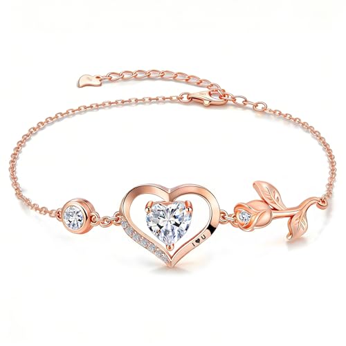 Image of 1CT Rose Heart Bracelet Moissanite Lab-Grown Sapphire Ruby Emerald&More 18K White Rose Gold Plated Anniversary Birthday Gift for Wife Girlfriend Mom Daughter Mothers Day Gift for Mom