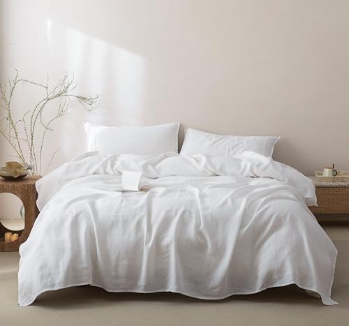 Talasily 100% French Pure Linen Sheets Set Twin Size,Oeko-TEX Certified Bedding, All-Season Breathable for Hot Sleepers,16 Inch Deep Pocket Machine Washable 3-Piece (White)