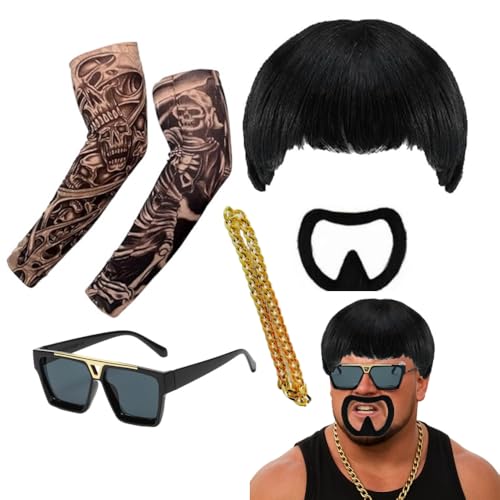 Kit déguisement Ibiza perruque bol et manches de tatouage réalistes