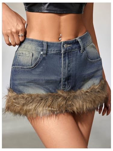 MakeMeChic Women's Y2K Summer Mini Jean Skirt Fuzzy Short Bodycon Denim Skirts with Pocket3