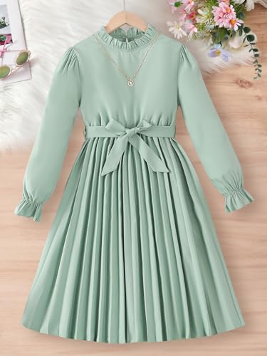 Girls Pleated Dress Puff Long Sleeve Pleated Dresses Tie Waist Button Front A Line Dress for Girl 7-14Y3