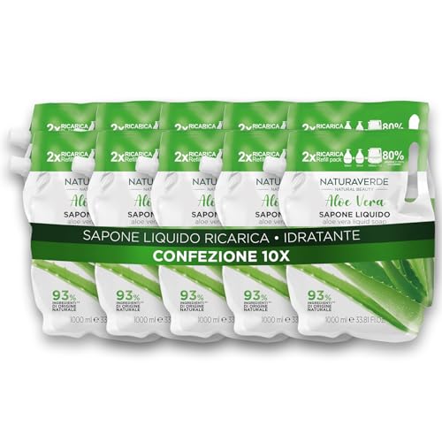 Naturaverde | Natural Beauty - Ricarica Sapone Liquido Aloe Vera, Sapone Liquido Mani Detergente e Idratante, 10 x 1000ml