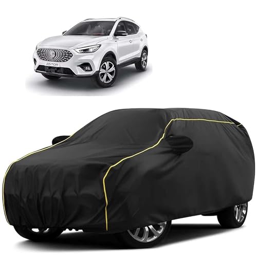 Image of Sulfar 100% Water Resistant Car Body Cover Compatible with Mirror for MG Astor (Triple Stitched, Full Bottom Elastic, Black Tafetta with Yellow Piping)