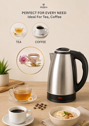 Image of Doppio 2L Stainless Steel Electric Kettle for Tea & Coffee | Fast Boiling Multipurpose Hot Water Kettle with Auto Shut-Off & Boil Dry Protection | 360 Swivel Base | Black & Silver