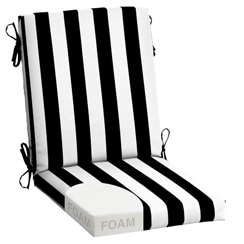 Image of Arden Foam Patio Dining Outdoor Chair Cushions, 20 x 44, Premium High-Density Foam, Never Flattens, Weather-Proof for Outdoor Chairs, Black Cabana Stripe