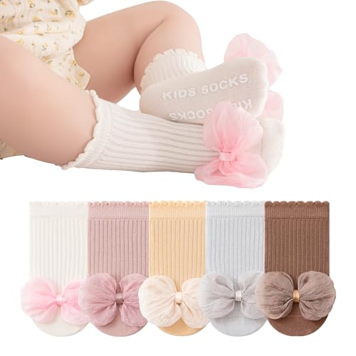 Image of BEHELE Baby Non-Skid Socks Toddler Non Slip Crew Socks Girl Newborn Infant First Walking Princess Socks 5 Pairs