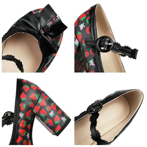 Parisuit Womens Strawberry Platform Mary Jane Bow Shoes Chunky High Heels Ankle Strap Pumps Rockabilly Dress Shoes4