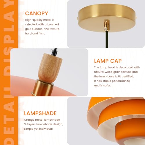 Image of 2-Pack Orange Pendant Lights, Mid Century Modern Metal & Wood Hanging Lamps, Adjustable 59 inch Cord, E26 Base for Kitchen Island Dining Room Entryway
