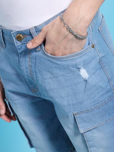 Image of The Indian Garage Co Men Relaxed Fit Solid Mid-Rise Denim Cargo Shorts