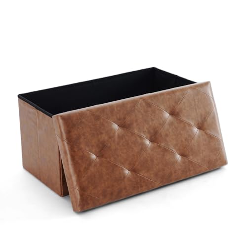 Sweetcrispy 30 Inches Folding Ottoman with Storage Bench, Foot Rest Stool, End of Bed Storage Bench Upholstered, Load 660 lbs, for Living Room, Synthetic Leather, Brown
