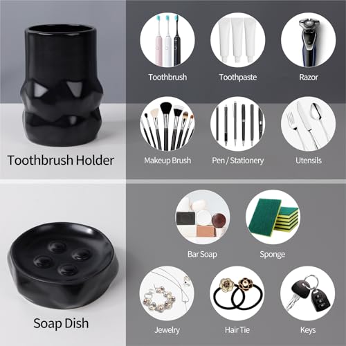 Image of BosilunLife Modern Ceramic Bathroom Accessories Set, Bathroom Counter Set Matte Black Bathroom Decor Sets Accessories Bathroom Lotion Soap Dispenser, Toothbrush Holder Set, Soap Dish, Apothecary Jars