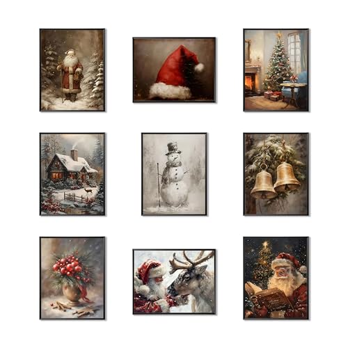 Vintage Christmas Canvas Wall Art Set of 9, Santa Claus Xmas Tree Snow Scene Prints Posters, Winter...