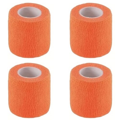 RAAKIMO 包帯 粘着 5cm×450cm 4巻入 柔軟な 通気性 弾性 圧縮 多機能 家庭用 不織布凝集 脚 首 膝 手 救急応急処置 緊急骨折の固定 敏感肌に適しています 個包装(蛍光オレンジ)