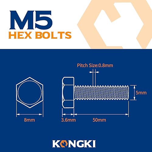 Image of M5-0.8 x 50mm Hex Head Screw Bolt, 18-8 (304) Stainless Steel, Fully Threaded, Plain Finish, Quantity 20