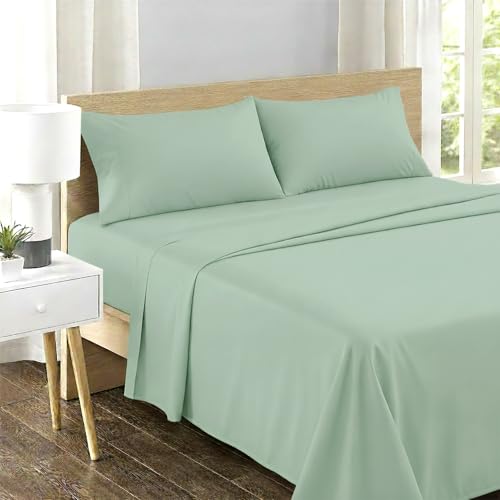 Image of Feather & Stitch 500 TC Split King Size Sheet Set, 5 Piece Bed Sheets Set-2 Twin Fitted Sheet, 1 King Flat Sheet & 2 King Pillowcases, 18 inch Deep Pockets Sateen Weave Solid Bedsheet - (Soft Sage)